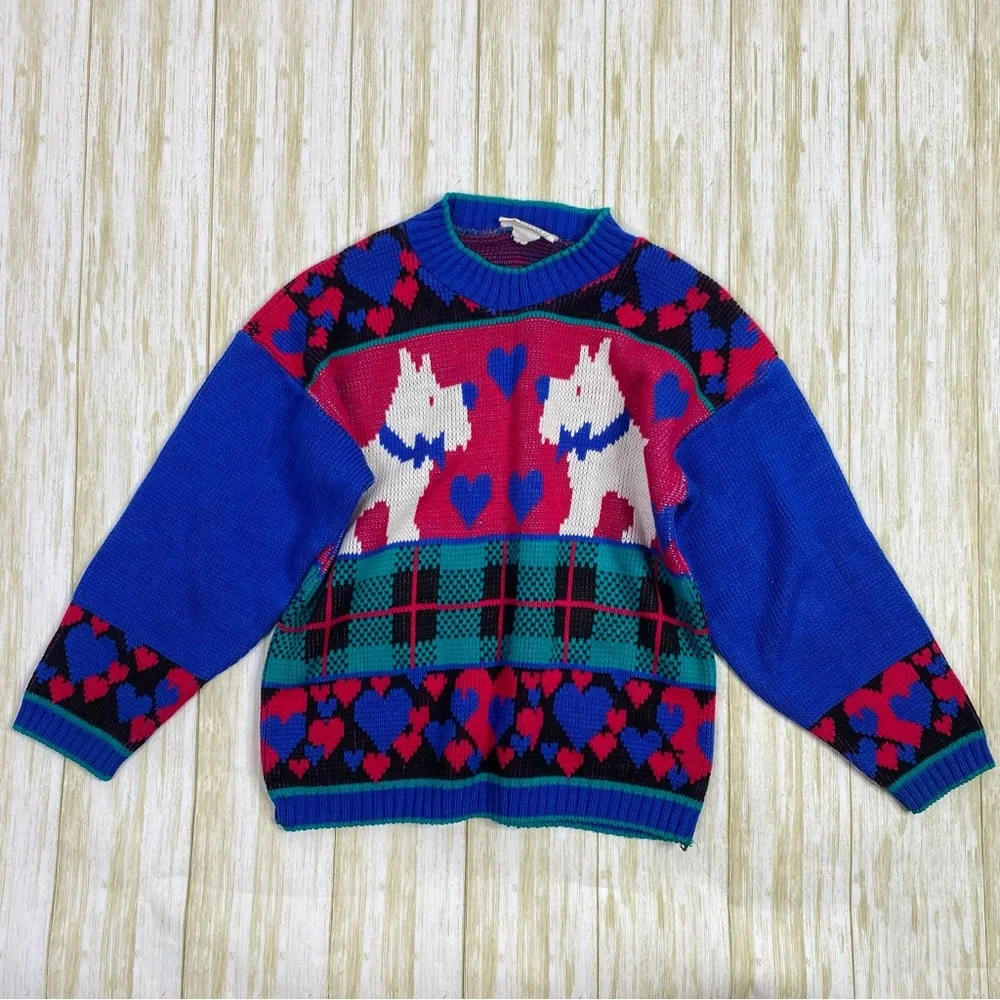 Vintage Melody Creations Multi Color Knit Scottie Dog Pullover Sweater